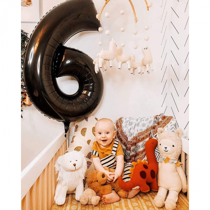 Balon din Folie Metalizata, Flippy, Figurina Cifra, Tema Aniversare 80 cm, Ambalaj Individual, Pai inclus, Umflare cu Aer sau Heliu, Negru, Cifra 6 [3]