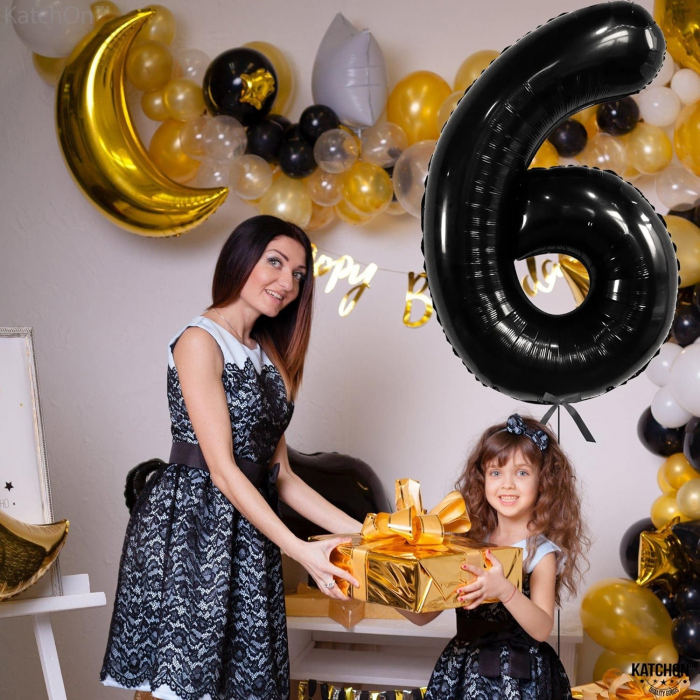 Balon din Folie Metalizata, Flippy, Figurina Cifra, Tema Aniversare 80 cm, Ambalaj Individual, Pai inclus, Umflare cu Aer sau Heliu, Negru, Cifra 6 [7]
