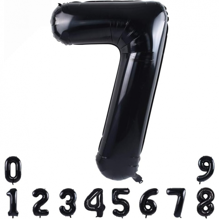 Balon din Folie Metalizata, Flippy, Figurina Cifra, Tema Aniversare 80 cm, Ambalaj Individual, Pai inclus, Umflare cu Aer sau Heliu, Negru, Cifra 7 [7]