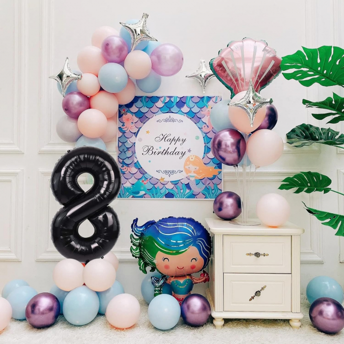 Balon din Folie Metalizata, Flippy, Figurina Cifra, Tema Aniversare 80 cm, Ambalaj Individual, Pai inclus, Umflare cu Aer sau Heliu, Negru, Cifra 8 [7]