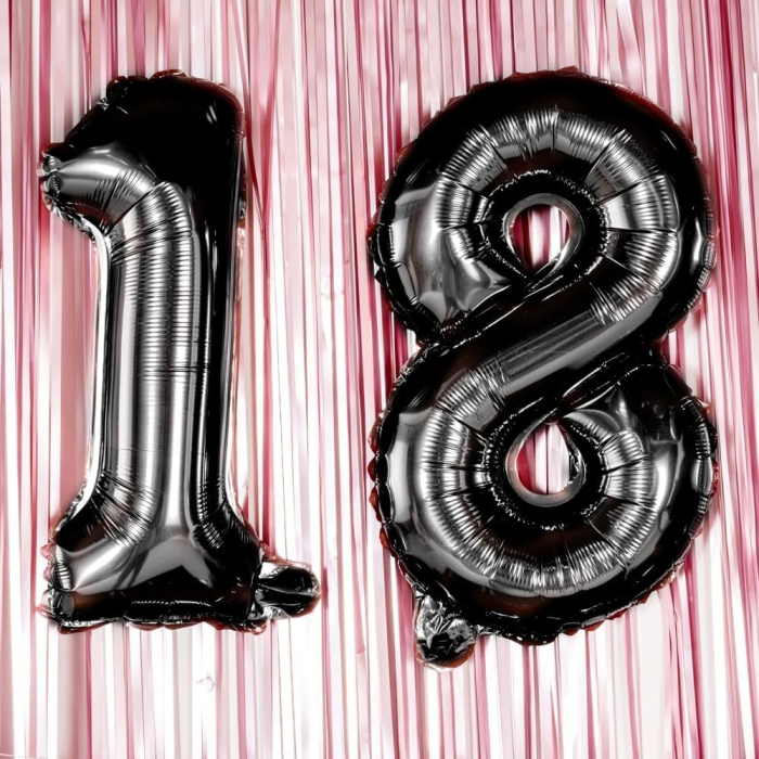 Balon din Folie Metalizata, Flippy, Figurina Cifra, Tema Aniversare 80 cm, Ambalaj Individual, Pai inclus, Umflare cu Aer sau Heliu, Negru, Cifra 8 [6]