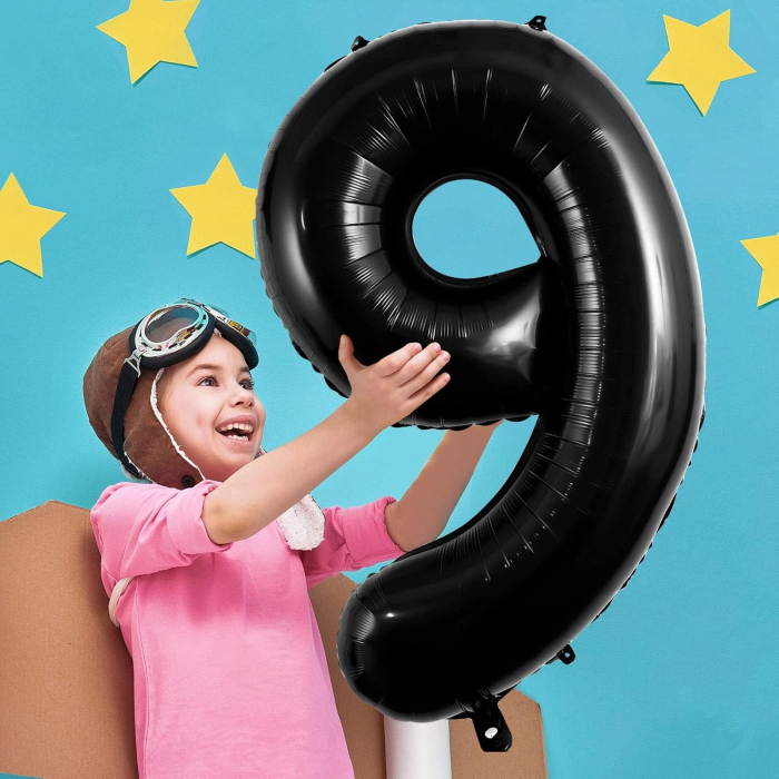 Balon din Folie Metalizata, Flippy, Figurina Cifra, Tema Aniversare 80 cm, Ambalaj Individual, Pai inclus, Umflare cu Aer sau Heliu, Negru, Cifra 9 [9]