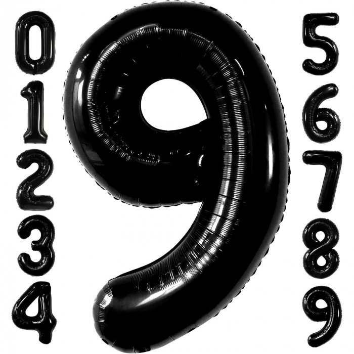 Balon din Folie Metalizata, Flippy, Figurina Cifra, Tema Aniversare 80 cm, Ambalaj Individual, Pai inclus, Umflare cu Aer sau Heliu, Negru, Cifra 9 [6]