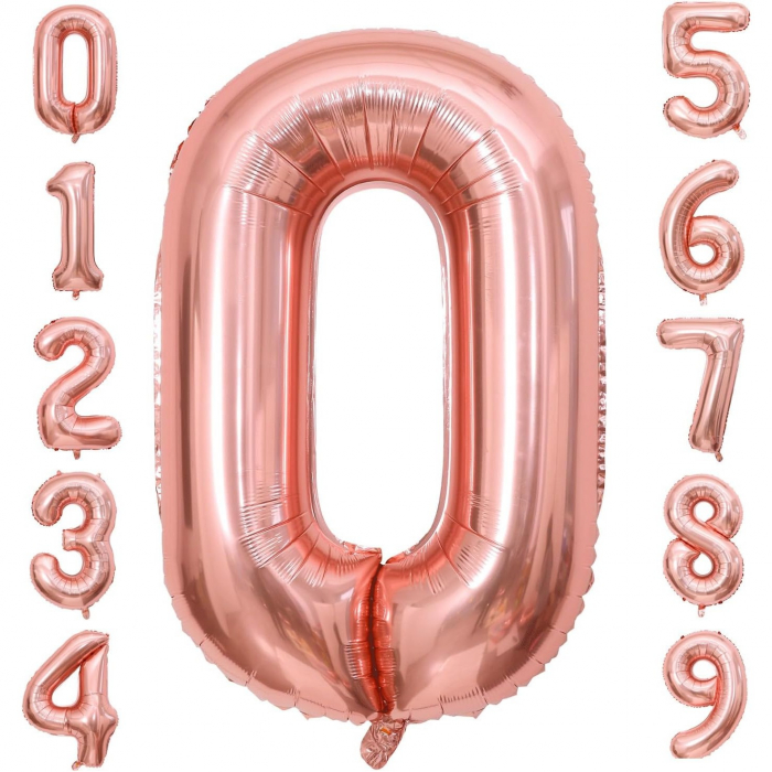 Balon din Folie Metalizata Flippy, Figurina Cifra, Tema Aniversare 80 cm, Ambalaj Individual, Pai inclus, Umflare cu Aer sau Heliu, Rose, Cifra 0 [8]