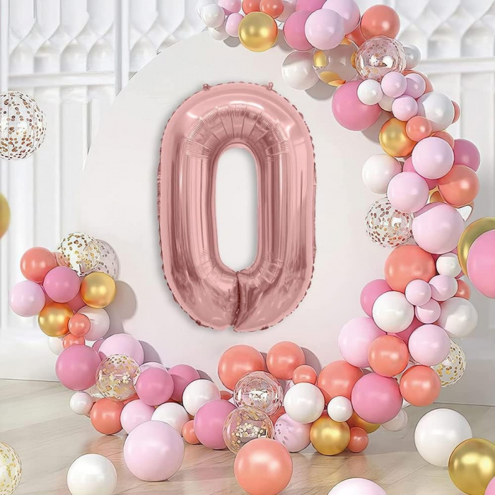 Balon din Folie Metalizata Flippy, Figurina Cifra, Tema Aniversare 80 cm, Ambalaj Individual, Pai inclus, Umflare cu Aer sau Heliu, Rose, Cifra 0 [2]