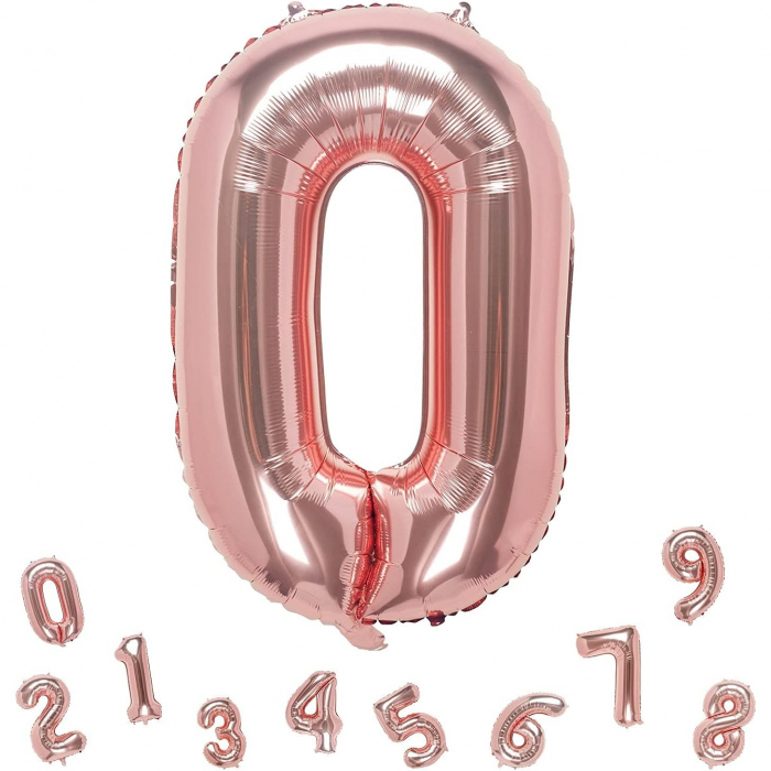 Balon din Folie Metalizata Flippy, Figurina Cifra, Tema Aniversare 80 cm, Ambalaj Individual, Pai inclus, Umflare cu Aer sau Heliu, Rose, Cifra 0 [6]