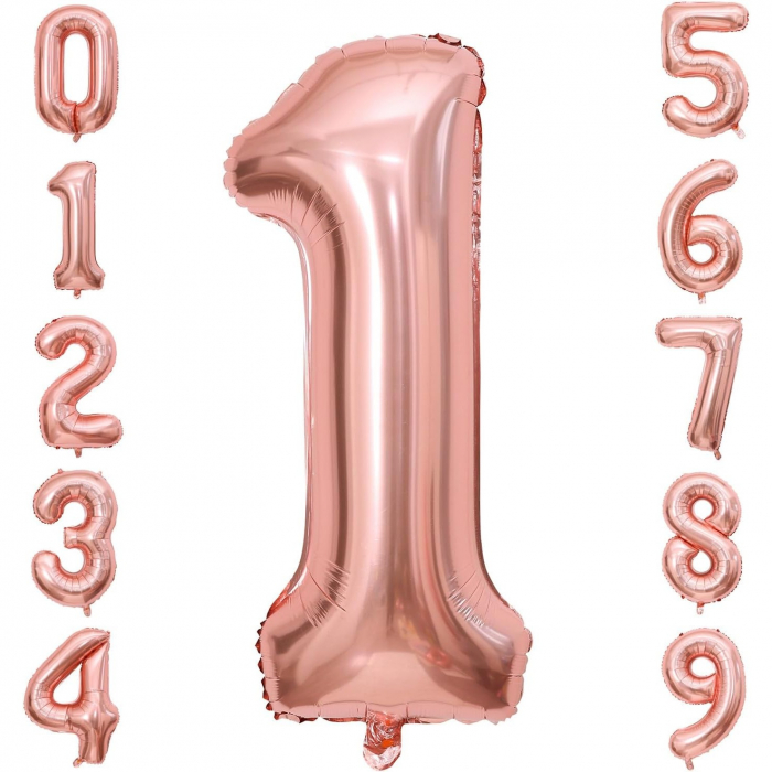 Balon din Folie Metalizata Flippy, Figurina Cifra, Tema Aniversare 80 cm, Ambalaj Individual, Pai inclus, Umflare cu Aer sau Heliu, Rose, Cifra 1 [6]