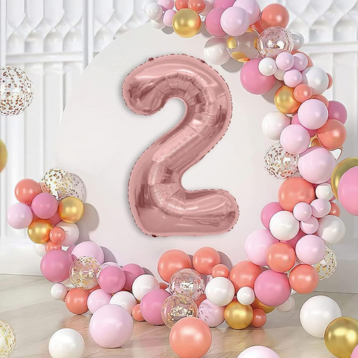 Balon din Folie Metalizata Flippy, Figurina Cifra, Tema Aniversare 80 cm, Ambalaj Individual, Pai inclus, Umflare cu Aer sau Heliu, Rose, Cifra 2 [2]