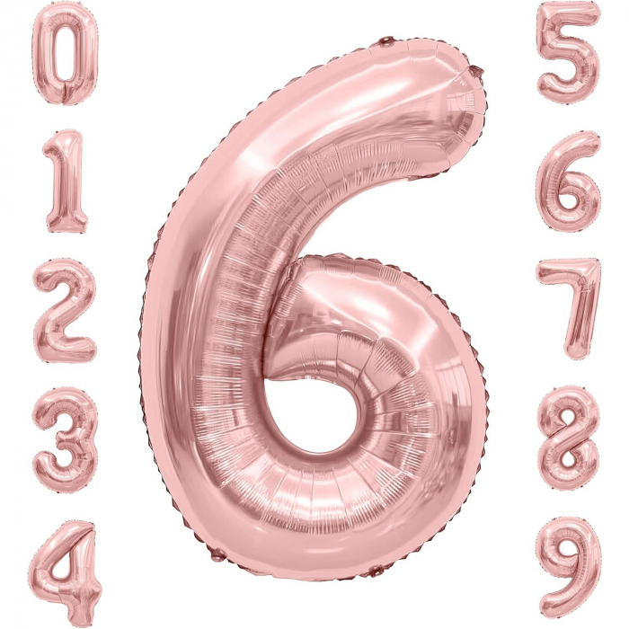 Balon din Folie Metalizata Flippy, Figurina Cifra, Tema Aniversare 80 cm, Ambalaj Individual, Pai inclus, Umflare cu Aer sau Heliu, Rose, Cifra 6 [4]