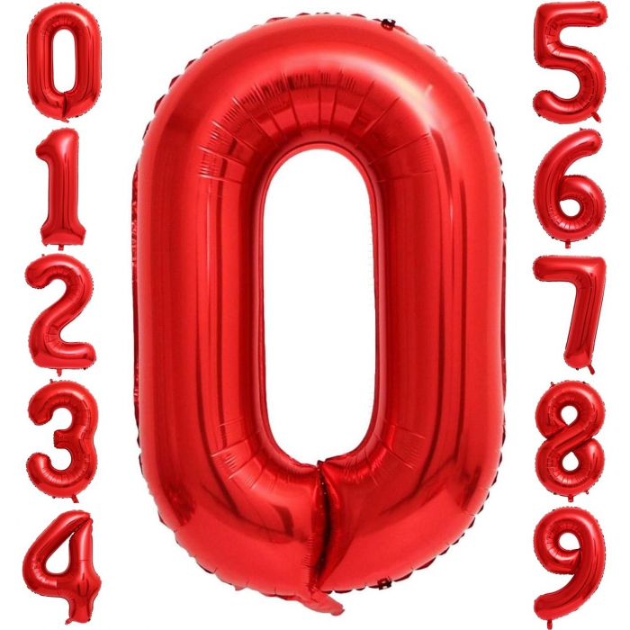 Balon din Folie Metalizata Flippy, Figurina Cifra, Tema Aniversare 80 cm, Ambalaj Individual, Pai inclus, Umflare cu Aer sau Heliu, Rosu, Cifra 0 [2]