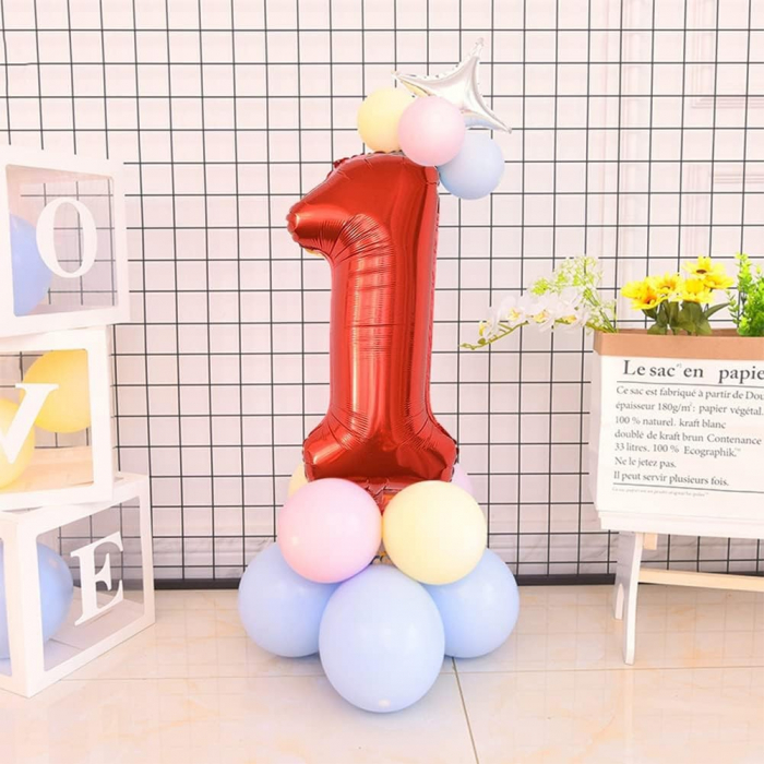 Balon din Folie Metalizata Flippy, Figurina Cifra, Tema Aniversare 80 cm, Ambalaj Individual, Pai inclus, Umflare cu Aer sau Heliu, Rosu, Cifra 1 [6]