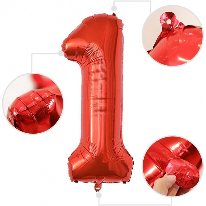 Balon din Folie Metalizata Flippy, Figurina Cifra, Tema Aniversare 80 cm, Ambalaj Individual, Pai inclus, Umflare cu Aer sau Heliu, Rosu, Cifra 1 [8]