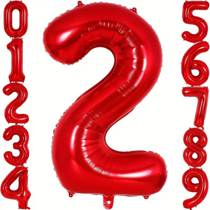 Balon din Folie Metalizata Flippy, Figurina Cifra, Tema Aniversare 80 cm, Ambalaj Individual, Pai inclus, Umflare cu Aer sau Heliu, Rosu, Cifra 2 [4]