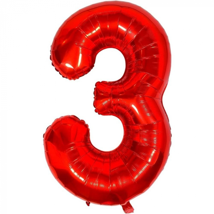 Balon din Folie Metalizata Flippy, Figurina Cifra, Tema Aniversare 80 cm, Ambalaj Individual, Pai inclus, Umflare cu Aer sau Heliu, Rosu, Cifra 3 [1]