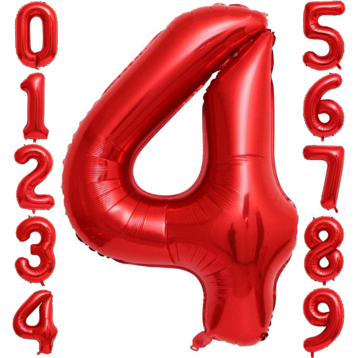 Balon din Folie Metalizata Flippy, Figurina Cifra, Tema Aniversare 80 cm, Ambalaj Individual, Pai inclus, Umflare cu Aer sau Heliu, Rosu, Cifra 4 [3]