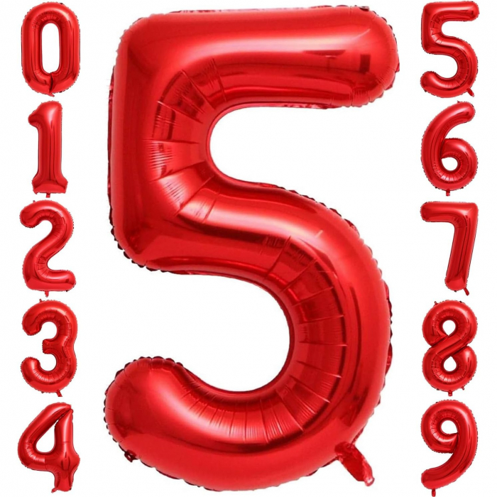Balon din Folie Metalizata Flippy, Figurina Cifra, Tema Aniversare 80 cm, Ambalaj Individual, Pai inclus, Umflare cu Aer sau Heliu, Rosu, Cifra 5 [3]