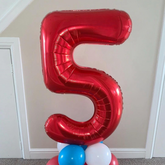 Balon din Folie Metalizata Flippy, Figurina Cifra, Tema Aniversare 80 cm, Ambalaj Individual, Pai inclus, Umflare cu Aer sau Heliu, Rosu, Cifra 5 [4]