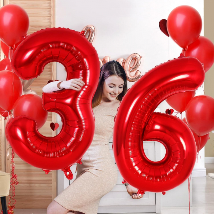 Balon din Folie Metalizata Flippy, Figurina Cifra, Tema Aniversare 80 cm, Ambalaj Individual, Pai inclus, Umflare cu Aer sau Heliu, Rosu, Cifra 6 [5]