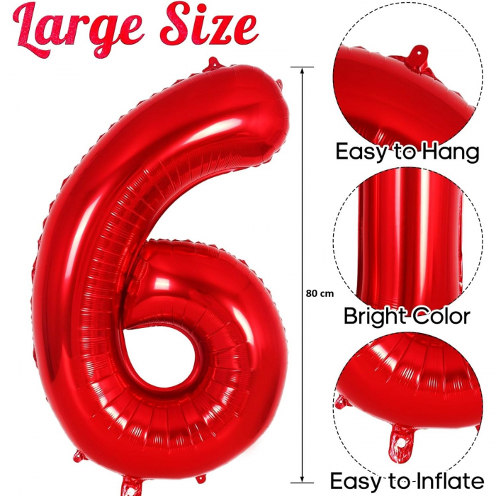 Balon din Folie Metalizata Flippy, Figurina Cifra, Tema Aniversare 80 cm, Ambalaj Individual, Pai inclus, Umflare cu Aer sau Heliu, Rosu, Cifra 6 [2]