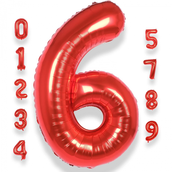 Balon din Folie Metalizata Flippy, Figurina Cifra, Tema Aniversare 80 cm, Ambalaj Individual, Pai inclus, Umflare cu Aer sau Heliu, Rosu, Cifra 6 [8]