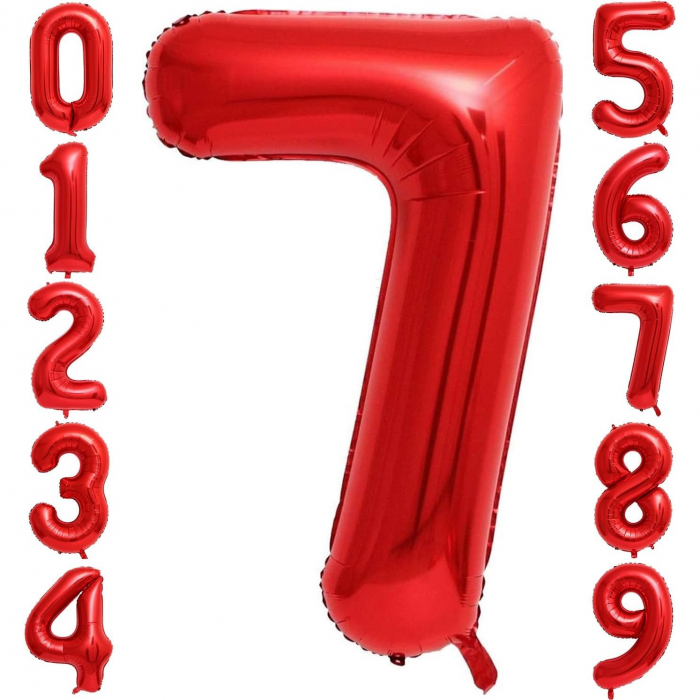 Balon din Folie Metalizata Flippy, Figurina Cifra, Tema Aniversare 80 cm, Ambalaj Individual, Pai inclus, Umflare cu Aer sau Heliu, Rosu, Cifra 7 [10]