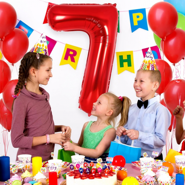 Balon din Folie Metalizata Flippy, Figurina Cifra, Tema Aniversare 80 cm, Ambalaj Individual, Pai inclus, Umflare cu Aer sau Heliu, Rosu, Cifra 7 [6]