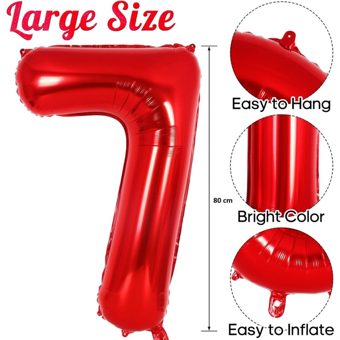 Balon din Folie Metalizata Flippy, Figurina Cifra, Tema Aniversare 80 cm, Ambalaj Individual, Pai inclus, Umflare cu Aer sau Heliu, Rosu, Cifra 7 [2]