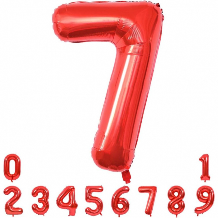 Balon din Folie Metalizata Flippy, Figurina Cifra, Tema Aniversare 80 cm, Ambalaj Individual, Pai inclus, Umflare cu Aer sau Heliu, Rosu, Cifra 7 [9]
