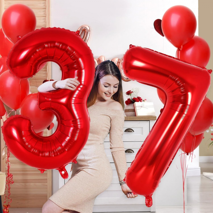 Balon din Folie Metalizata Flippy, Figurina Cifra, Tema Aniversare 80 cm, Ambalaj Individual, Pai inclus, Umflare cu Aer sau Heliu, Rosu, Cifra 7 [4]