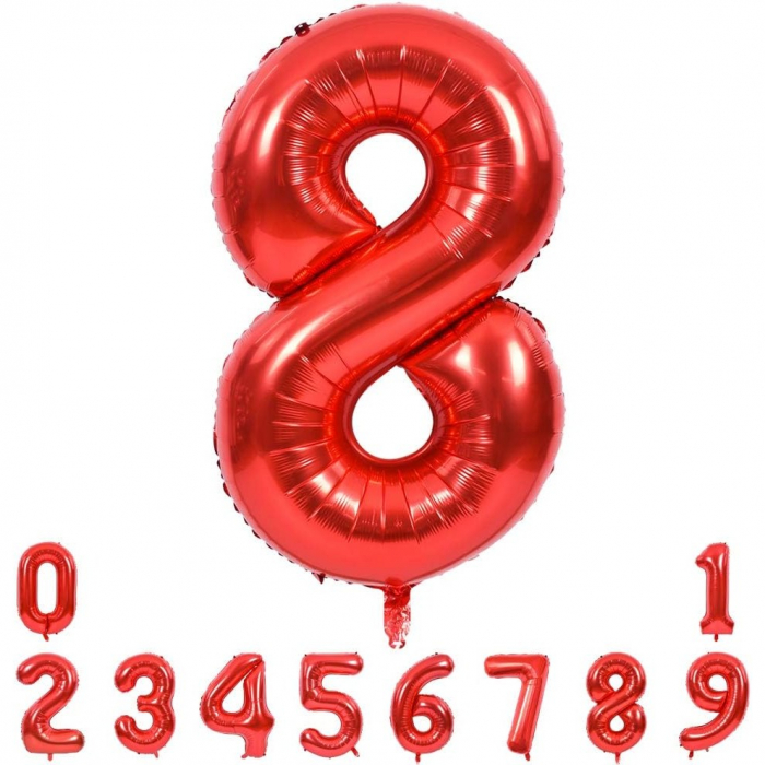 Balon din Folie Metalizata Flippy, Figurina Cifra, Tema Aniversare 80 cm, Ambalaj Individual, Pai inclus, Umflare cu Aer sau Heliu, Rosu, Cifra 8 [7]