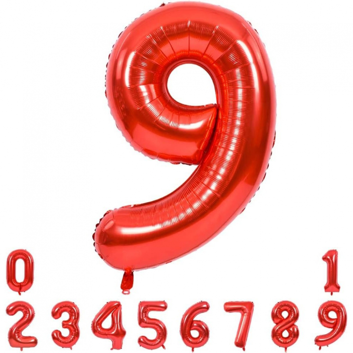Balon din Folie Metalizata Flippy, Figurina Cifra, Tema Aniversare 80 cm, Ambalaj Individual, Pai inclus, Umflare cu Aer sau Heliu, Rosu, Cifra 9 [4]