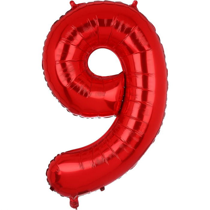Balon din Folie Metalizata Flippy, Figurina Cifra, Tema Aniversare 80 cm, Ambalaj Individual, Pai inclus, Umflare cu Aer sau Heliu, Rosu, Cifra 9 [5]