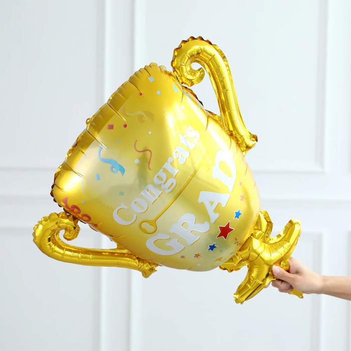 Balon din Folie Metalizata, Flippy, Figurina Cupa, Tema Absolvire, 65x72cm, Ambalaj Individual, Pai Inclus, Umflare cu Aer sau Heliu, Galben [6]