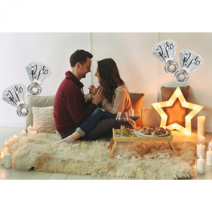 Balon din Folie Metalizata, Flippy, Figurina Inel de Logodna, Model Diamant, Tema Nunta, 60 cm, Ambalaj Individual, Pai Inclus, Umflare cu Aer sau Heliu, Alb [5]