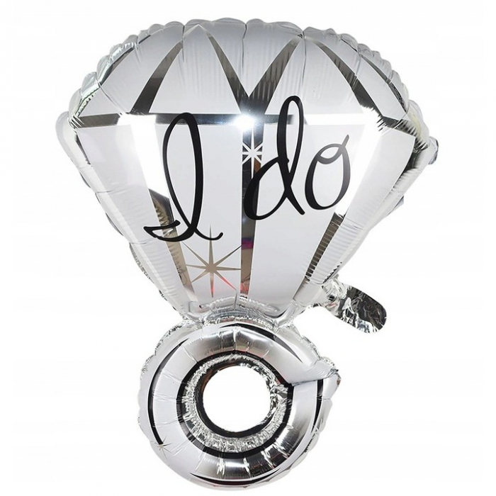 Balon din Folie Metalizata, Flippy, Figurina Inel de Logodna, Model Diamant, Tema Nunta, 60 cm, Ambalaj Individual, Pai Inclus, Umflare cu Aer sau Heliu, Alb [1]