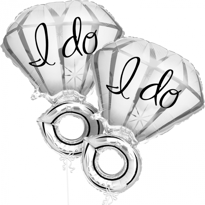 Balon din Folie Metalizata, Flippy, Figurina Inel de Logodna, Model Diamant, Tema Nunta, 60 cm, Ambalaj Individual, Pai Inclus, Umflare cu Aer sau Heliu, Alb [2]