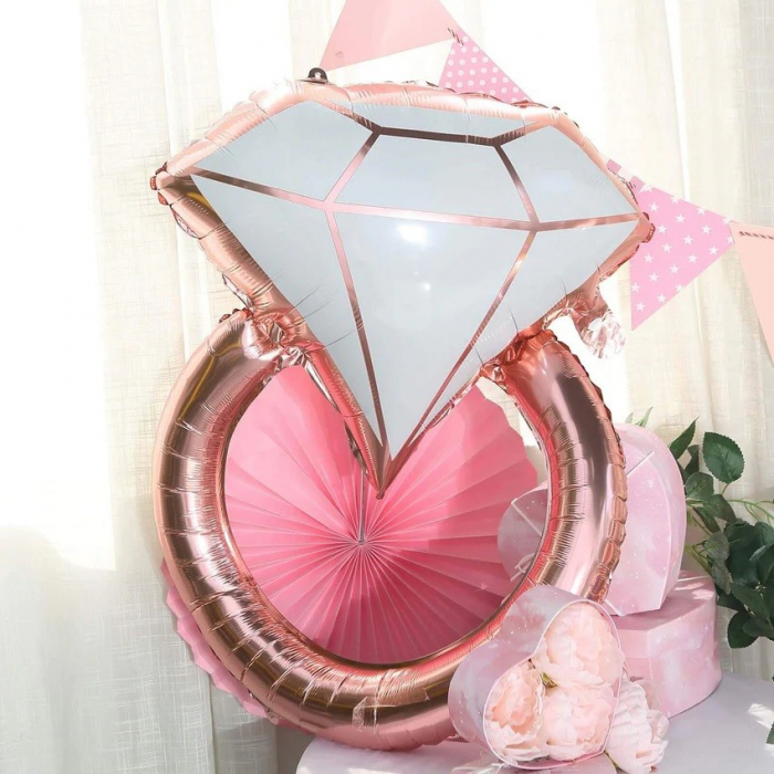 Balon din Folie Metalizata, Flippy, Figurina Inel de Logodna, Model Diamant, Tema Nunta, 60 cm, Ambalaj Individual, Pai Inclus, Umflare cu Aer sau Heliu, Roz [4]