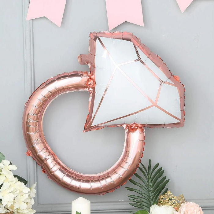 Balon din Folie Metalizata, Flippy, Figurina Inel de Logodna, Model Diamant, Tema Nunta, 60 cm, Ambalaj Individual, Pai Inclus, Umflare cu Aer sau Heliu, Roz [3]