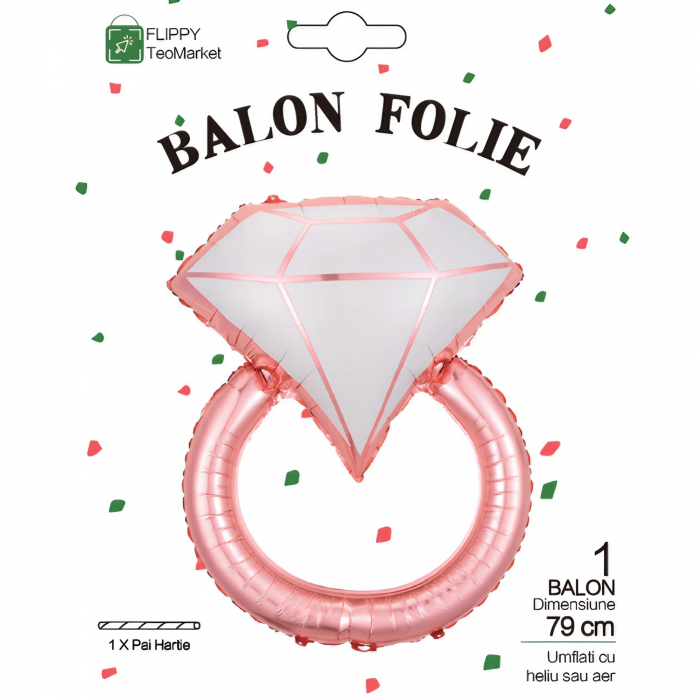 Balon din Folie Metalizata, Flippy, Figurina Inel de Logodna, Model Diamant, Tema Nunta, 60 cm, Ambalaj Individual, Pai Inclus, Umflare cu Aer sau Heliu, Roz [6]