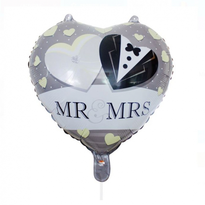 Balon din Folie Metalizata, Flippy, Figurina Inima, Model Mr&amp;Mrs, Tema Nunta, 45 cm, Ambalaj Individual, Pai Inclus, Umflare cu Aer sau Heliu, Gri [1]