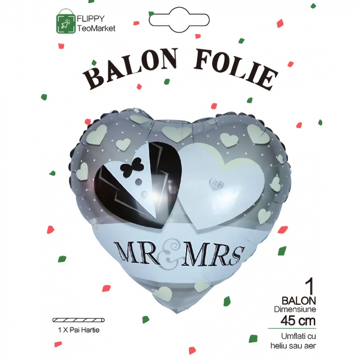 Balon din Folie Metalizata, Flippy, Figurina Inima, Model Mr&amp;Mrs, Tema Nunta, 45 cm, Ambalaj Individual, Pai Inclus, Umflare cu Aer sau Heliu, Gri [3]