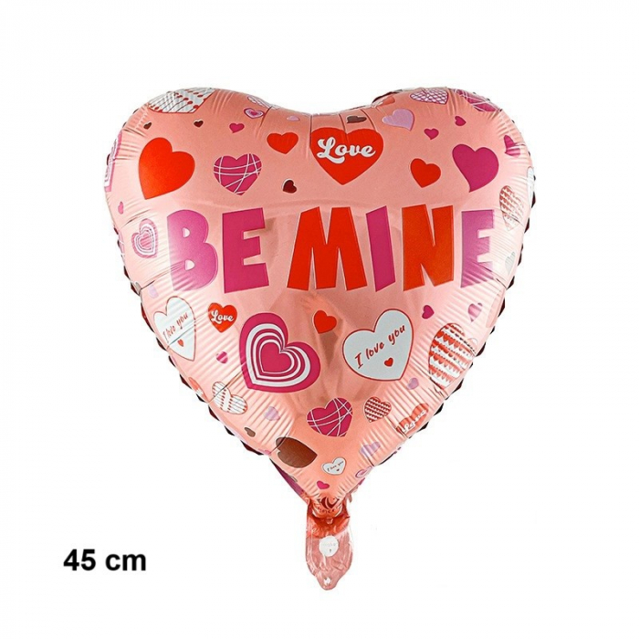 Balon din Folie Metalizata, Flippy, Figurina Inimioara, Model BE MINE, Tematica Iubire, 45 cm, Ambalaj Individual, Pai Inclus, Umflare cu Aer sau Heliu, Rosu [2]
