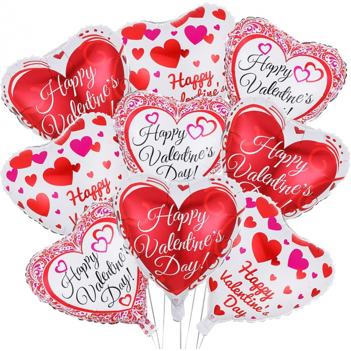 Balon din Folie Metalizata, Flippy, Figurina Inimioara, Model Happy Valentine&#039;s Day, Tematica Iubire, 45 cm, Ambalaj Individual, Pai Inclus, Umflare cu Aer sau Heliu, Rosu [3]