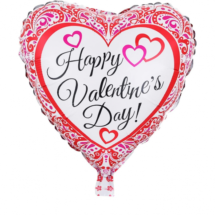 Balon din Folie Metalizata, Flippy, Figurina Inimioara, Model Happy Valentine&#039;s Day, Tematica Iubire, 45 cm, Ambalaj Individual, Pai Inclus, Umflare cu Aer sau Heliu, Rosu [2]