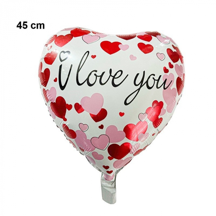 Balon din Folie Metalizata, Flippy, Figurina Inimioara, Model I LOVE YOU, Tematica Iubire, 45 cm, Ambalaj Individual, Pai Inclus, Umflare cu Aer sau Heliu, Rosu [2]