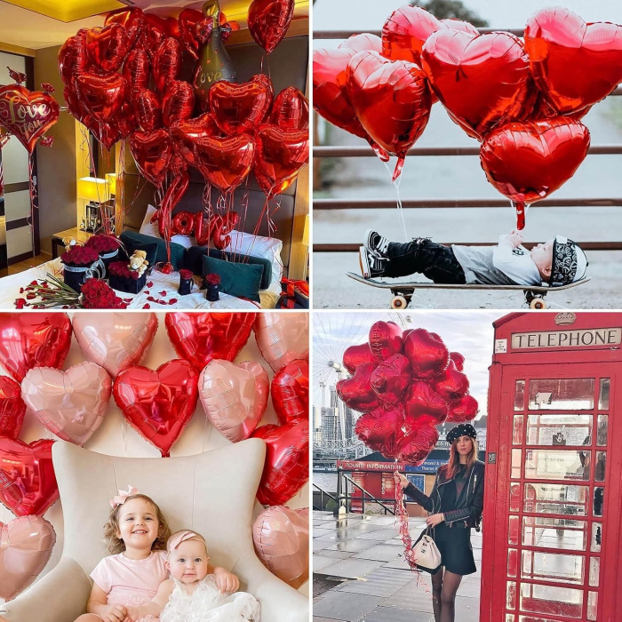 Balon din Folie Metalizata, Flippy, Figurina Inimioara, Model Simplu, Tematica Iubire, 40 cm, Ambalaj Individual, Pai Inclus, Umflare cu Aer sau Heliu, Rosu [3]