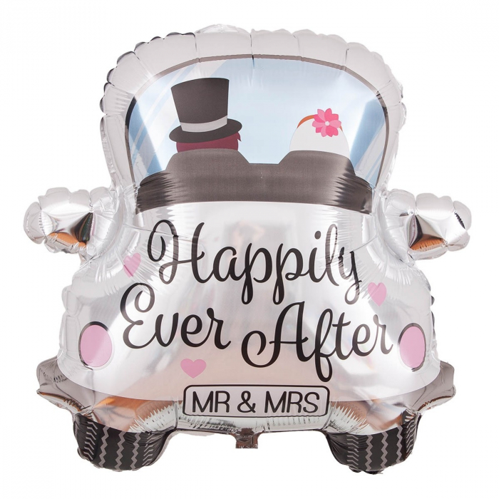 Balon din Folie Metalizata, Flippy, Figurina Masina, Model Nunta Happily Ever After, Tema Nunta, 60 x 63 cm, Ambalaj Individual, Pai Inclus, Umflare cu Aer sau Heliu, Alb [6]