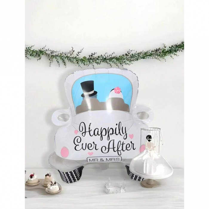 Balon din Folie Metalizata, Flippy, Figurina Masina, Model Nunta Happily Ever After, Tema Nunta, 60 x 63 cm, Ambalaj Individual, Pai Inclus, Umflare cu Aer sau Heliu, Alb [7]