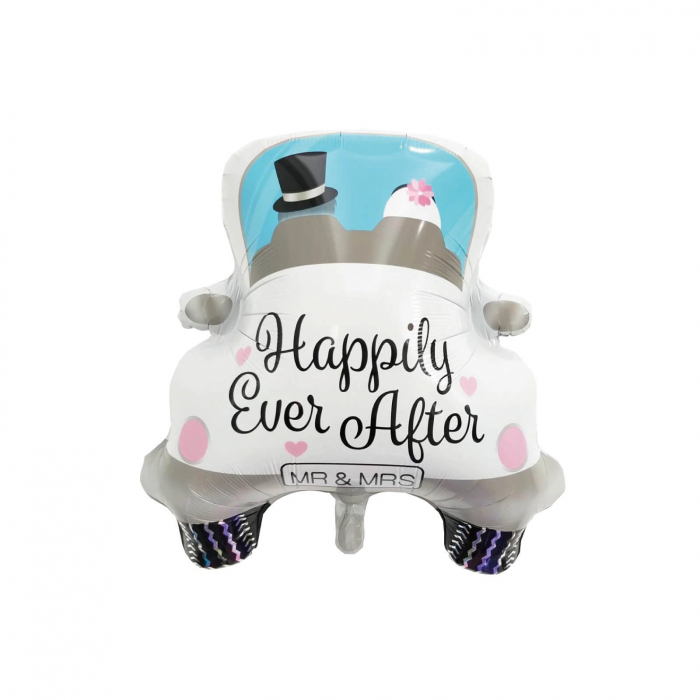 Balon din Folie Metalizata, Flippy, Figurina Masina, Model Nunta Happily Ever After, Tema Nunta, 60 x 63 cm, Ambalaj Individual, Pai Inclus, Umflare cu Aer sau Heliu, Alb [1]