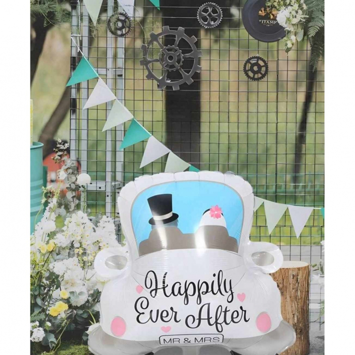 Balon din Folie Metalizata, Flippy, Figurina Masina, Model Nunta Happily Ever After, Tema Nunta, 60 x 63 cm, Ambalaj Individual, Pai Inclus, Umflare cu Aer sau Heliu, Alb [8]